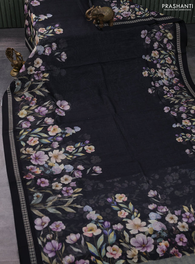 Kota silk cotton saree black with floral digital prints and thread woven border