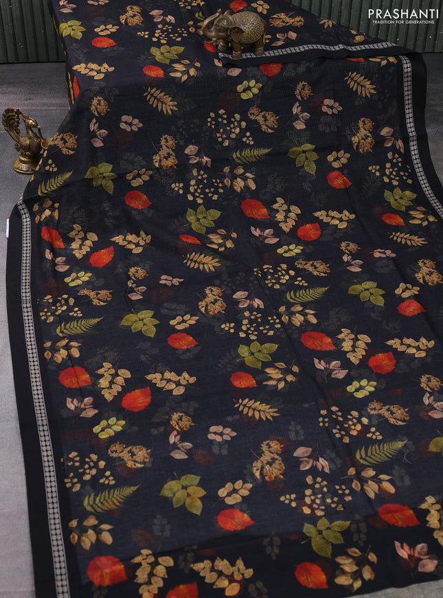Kota silk cotton saree black with allover leaf digital prints and thread woven border