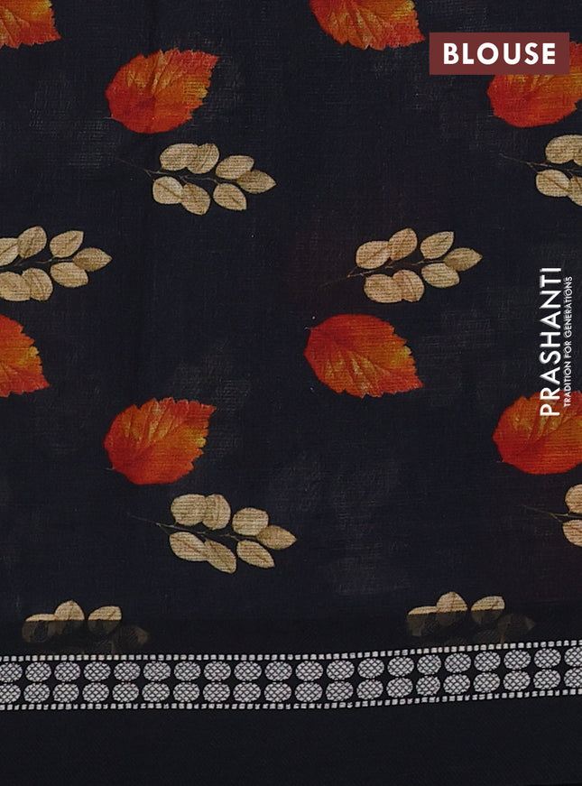 Kota silk cotton saree black with allover leaf digital prints and thread woven border