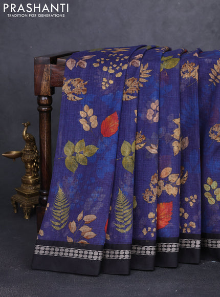 Kota silk cotton saree dark blue and black with allover leaf digital prints and thread woven border