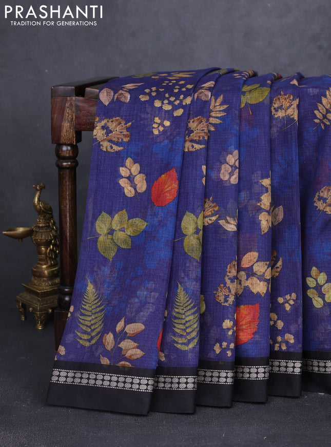 Kota silk cotton saree dark blue and black with allover leaf digital prints and thread woven border
