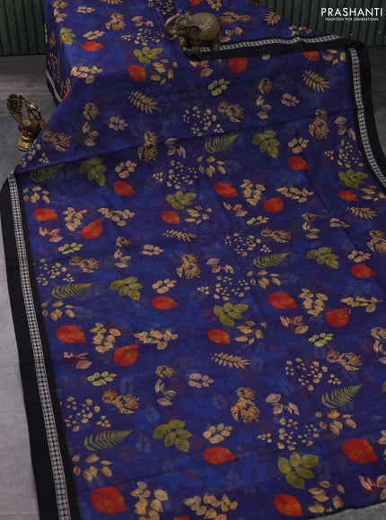 Kota silk cotton saree dark blue and black with allover leaf digital prints and thread woven border