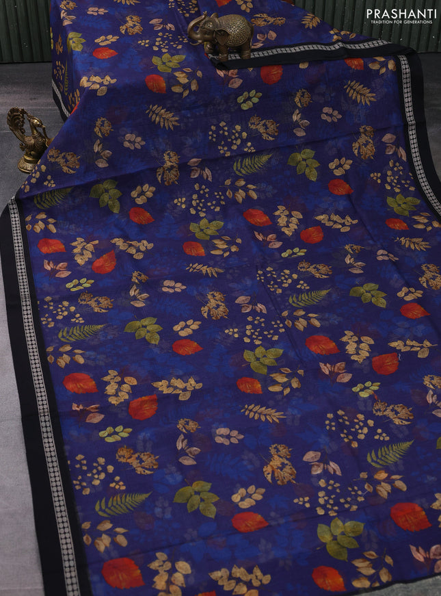 Kota silk cotton saree dark blue and black with allover leaf digital prints and thread woven border