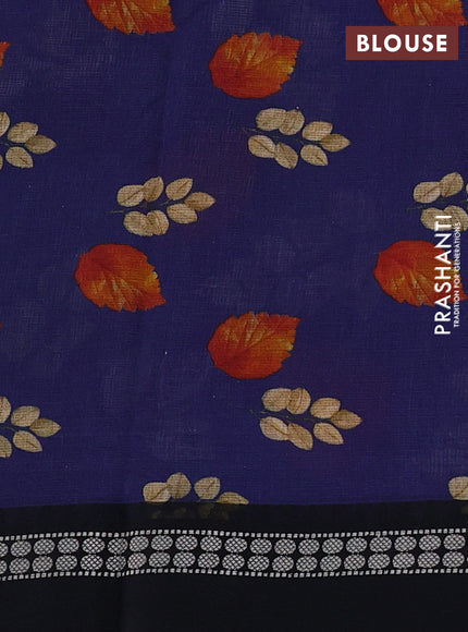 Kota silk cotton saree dark blue and black with allover leaf digital prints and thread woven border