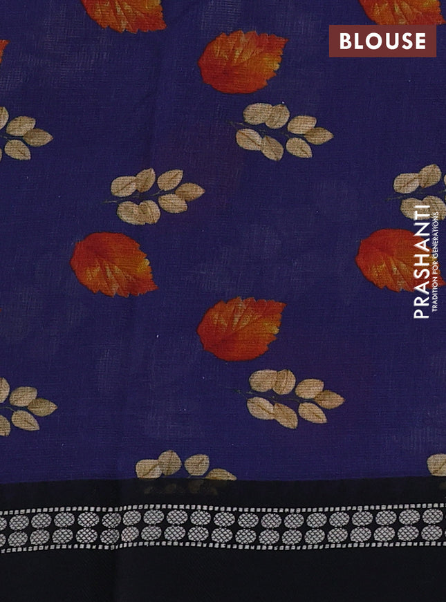 Kota silk cotton saree dark blue and black with allover leaf digital prints and thread woven border