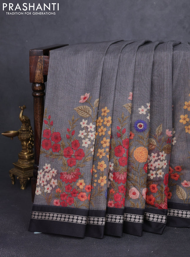Kota silk cotton saree grey and black with allover floral digital prints and thread woven border