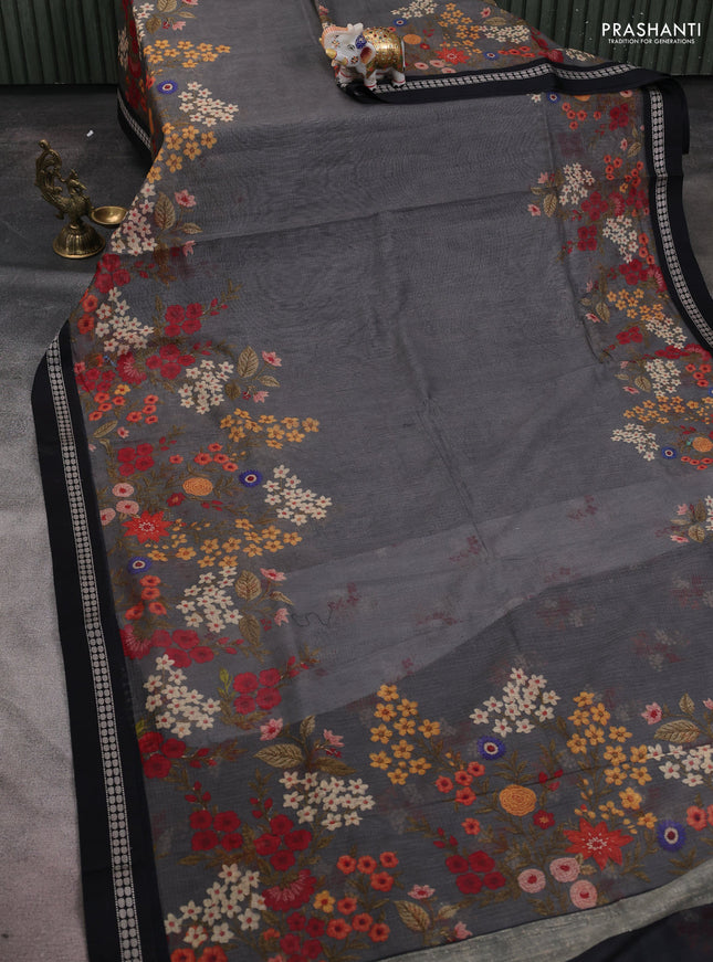 Kota silk cotton saree grey and black with allover floral digital prints and thread woven border