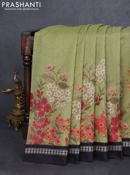 Kota silk cotton saree mehendi green and black with allover floral digital prints and thread woven border