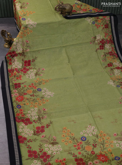 Kota silk cotton saree mehendi green and black with allover floral digital prints and thread woven border
