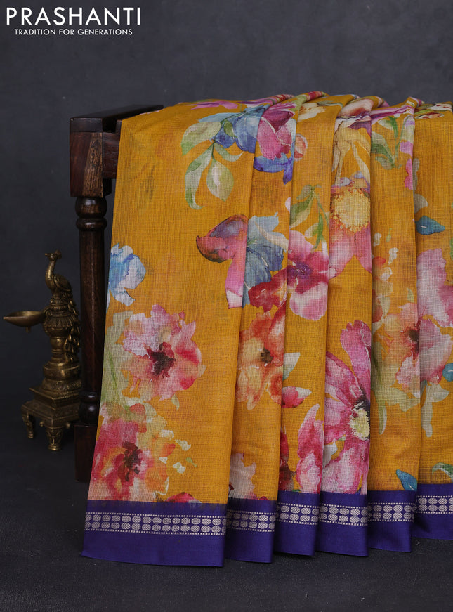 Kota silk cotton saree mustard yellow and blue with allover floral digital prints and thread woven border