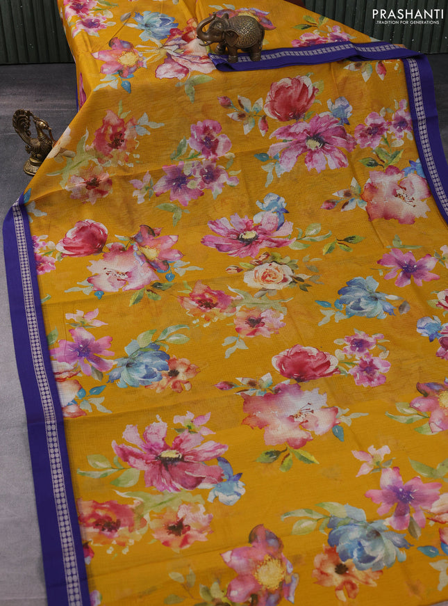 Kota silk cotton saree mustard yellow and blue with allover floral digital prints and thread woven border