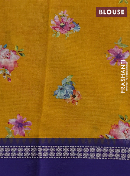 Kota silk cotton saree mustard yellow and blue with allover floral digital prints and thread woven border