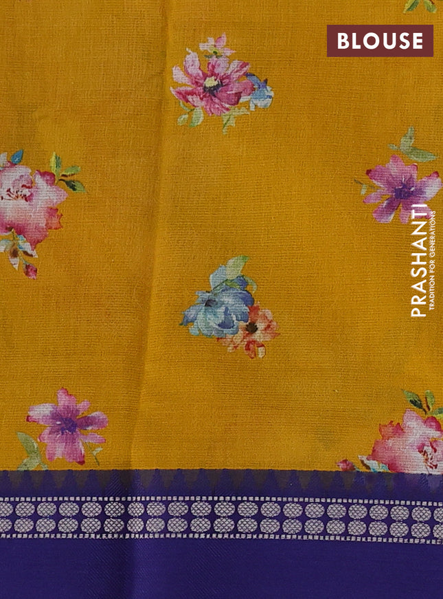 Kota silk cotton saree mustard yellow and blue with allover floral digital prints and thread woven border
