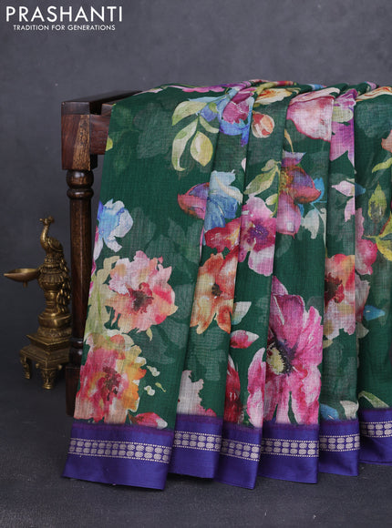 Kota silk cotton saree dark green and blue with allover floral digital prints and thread woven border