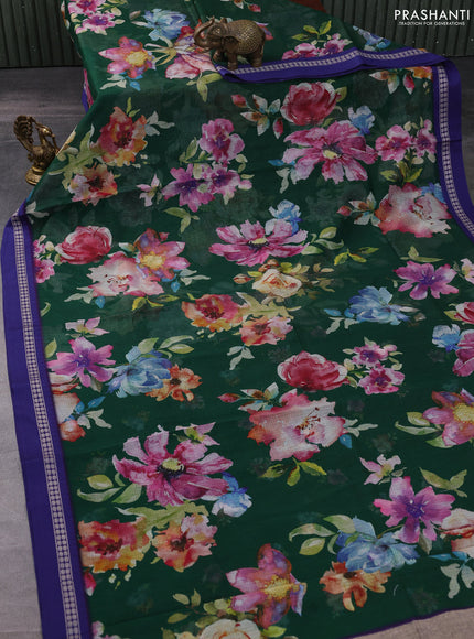 Kota silk cotton saree dark green and blue with allover floral digital prints and thread woven border