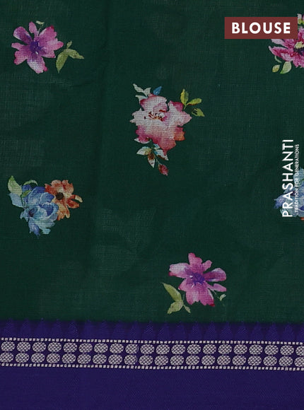 Kota silk cotton saree dark green and blue with allover floral digital prints and thread woven border