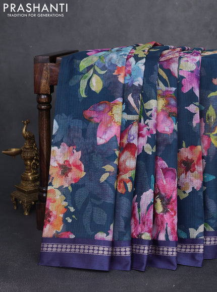 Kota silk cotton saree dark peacock blue and blue with allover floral digital prints and thread woven border