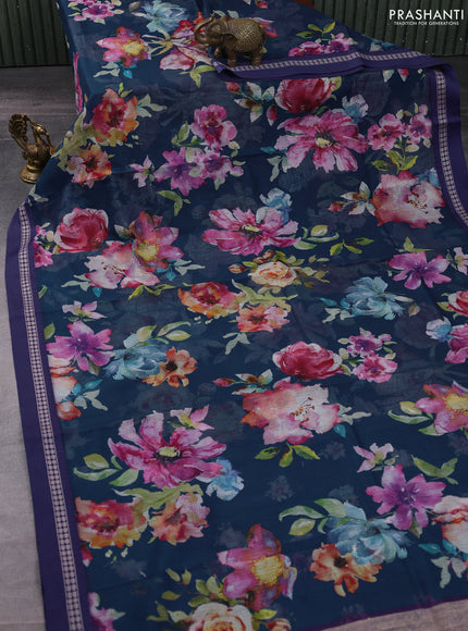 Kota silk cotton saree dark peacock blue and blue with allover floral digital prints and thread woven border
