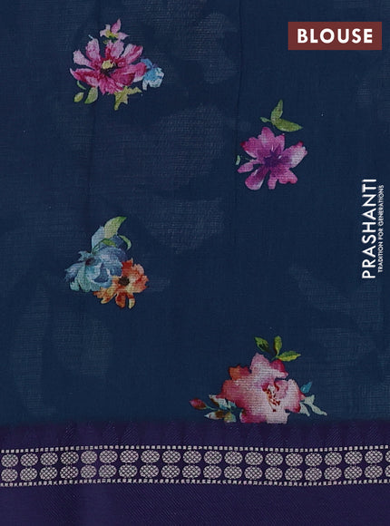 Kota silk cotton saree dark peacock blue and blue with allover floral digital prints and thread woven border
