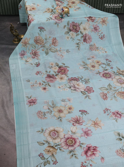 Kota silk cotton saree teal blue with allover floral digital prints and thread woven border