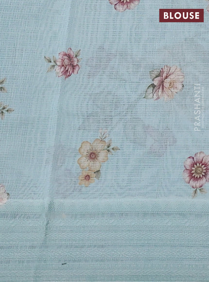 Kota silk cotton saree teal blue with allover floral digital prints and thread woven border