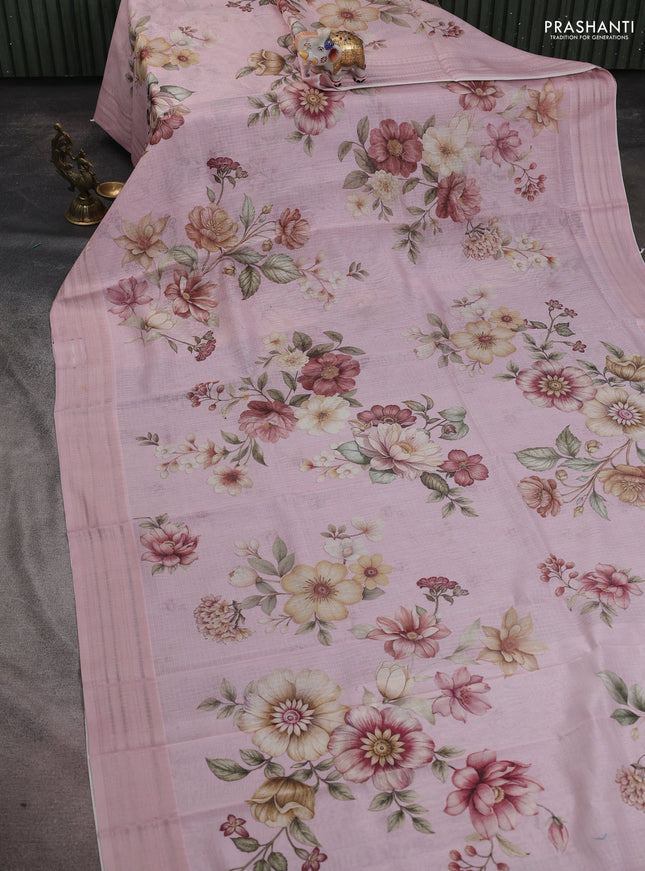 Kota silk cotton saree baby pink with allover floral digital prints and thread woven border