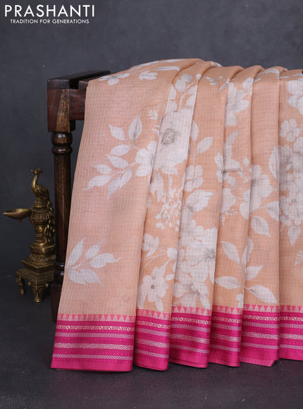Kota silk cotton saree pastel peach and pink with allover floral digital prints and thread woven border