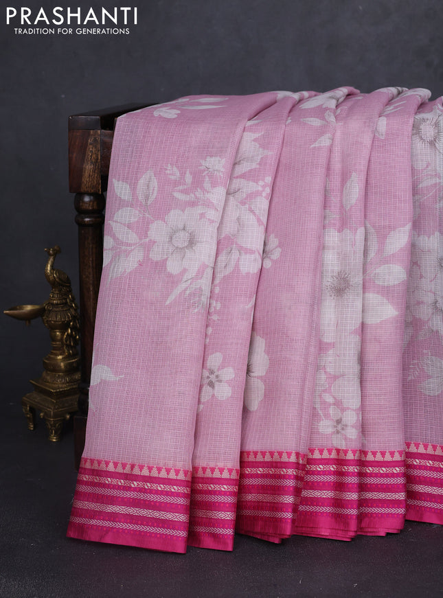 Kota silk cotton saree pastel pink and pink with allover floral digital prints and thread woven border