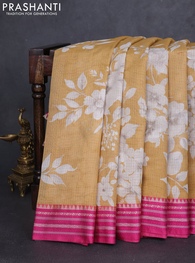 Kota silk cotton saree sandal and pink with allover floral digital prints and thread woven border