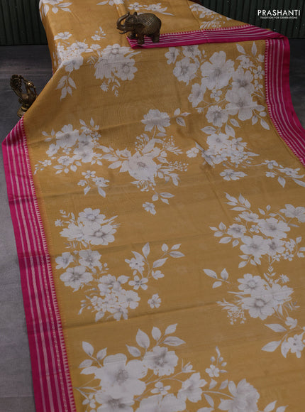 Kota silk cotton saree sandal and pink with allover floral digital prints and thread woven border