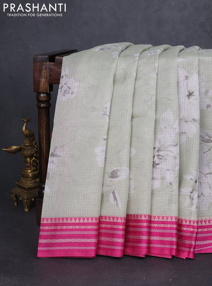Kota silk cotton saree pastel green and pink with floarl digital prints and thread woven border