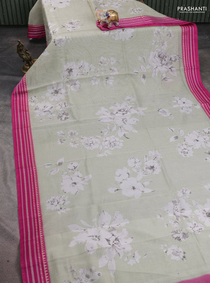 Kota silk cotton saree pastel green and pink with floarl digital prints and thread woven border