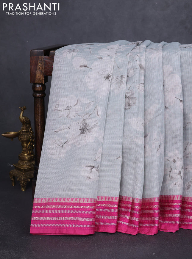 Kota silk cotton saree pastel blue shade and pink with floarl digital prints and thread woven border