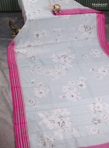 Kota silk cotton saree pastel blue shade and pink with floarl digital prints and thread woven border