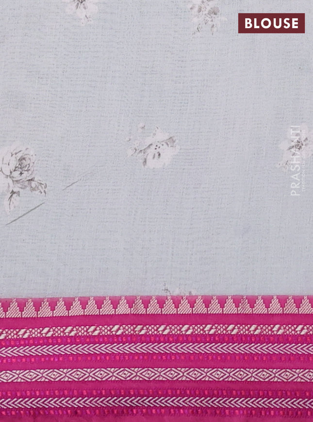 Kota silk cotton saree pastel blue shade and pink with floarl digital prints and thread woven border