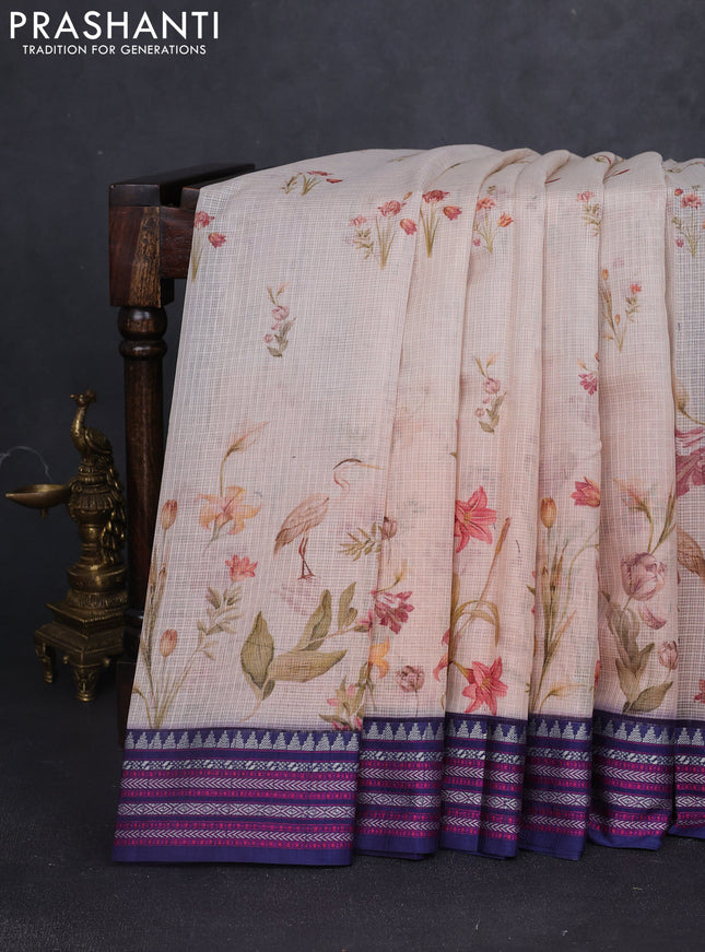 Kota silk cotton saree pale orange and navy blue with allover floral digital prints and thread woven border