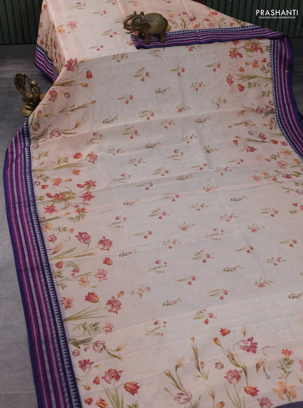 Kota silk cotton saree pale orange and navy blue with allover floral digital prints and thread woven border