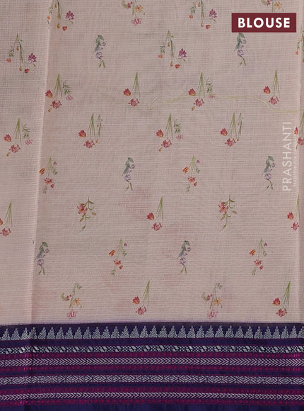 Kota silk cotton saree pale orange and navy blue with allover floral digital prints and thread woven border