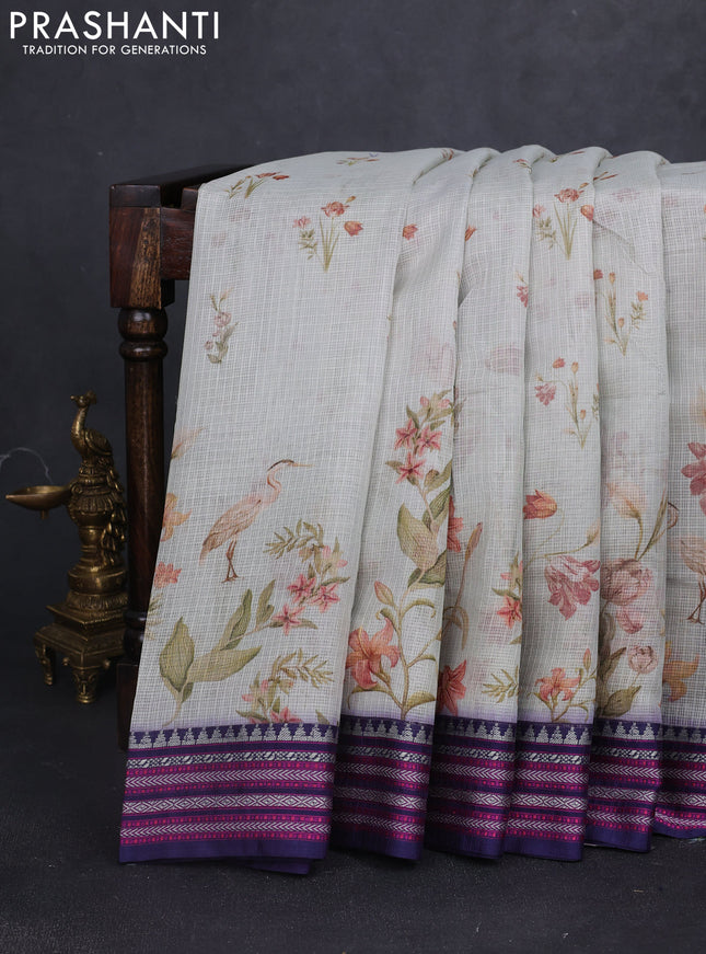 Kota silk cotton saree cream and navy blue with allover floral digital prints and thread woven border