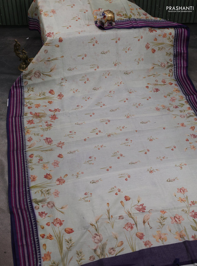 Kota silk cotton saree cream and navy blue with allover floral digital prints and thread woven border