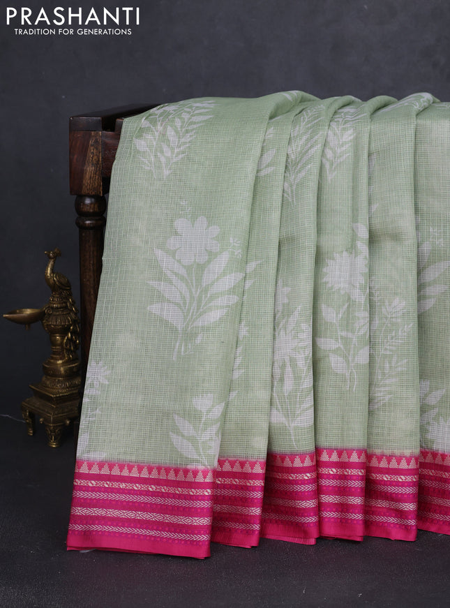 Kota silk cotton saree pista green and pink with floarl digital prints and thread woven border