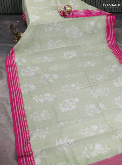 Kota silk cotton saree pista green and pink with floarl digital prints and thread woven border