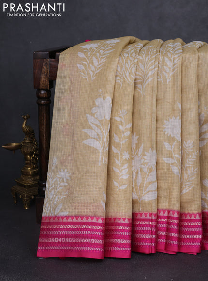 Kota silk cotton saree sandal and pink with floarl digital prints and thread woven border