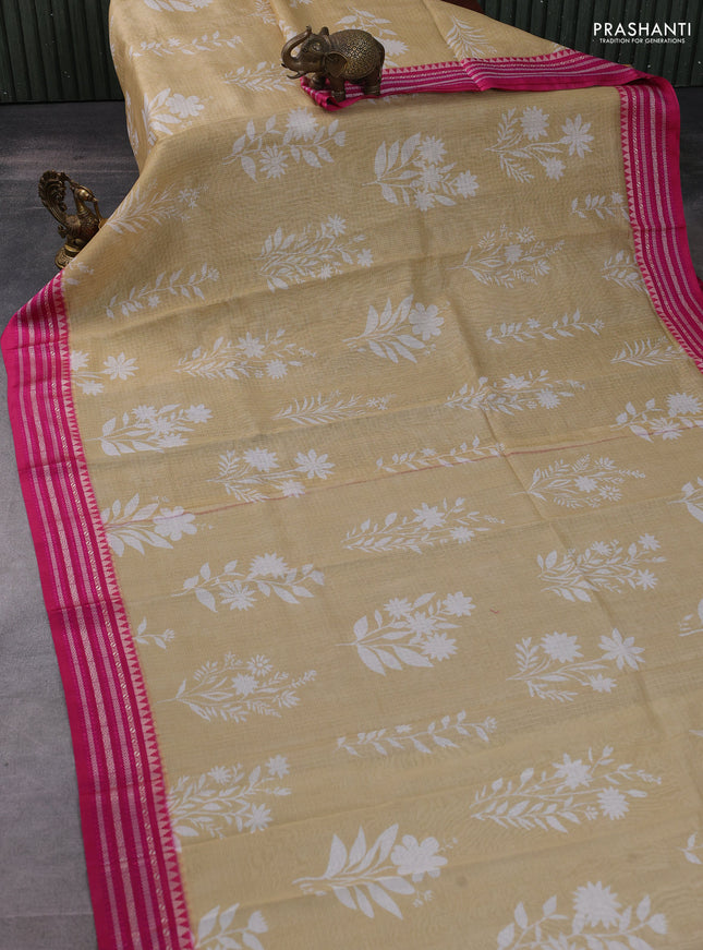 Kota silk cotton saree sandal and pink with floarl digital prints and thread woven border