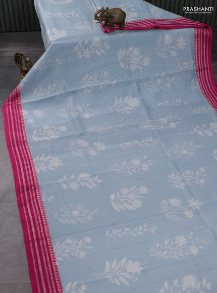 Kota silk cotton saree teal blue and pink with floarl digital prints and thread woven border