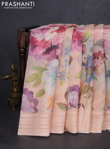Kota silk cotton saree pale orange with floarl digital prints and thread woven border