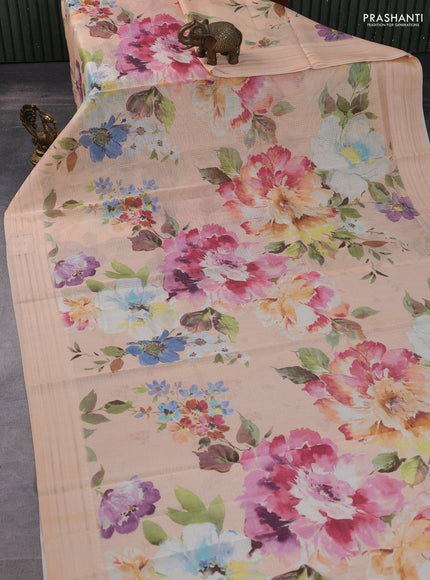 Kota silk cotton saree pale orange with floarl digital prints and thread woven border
