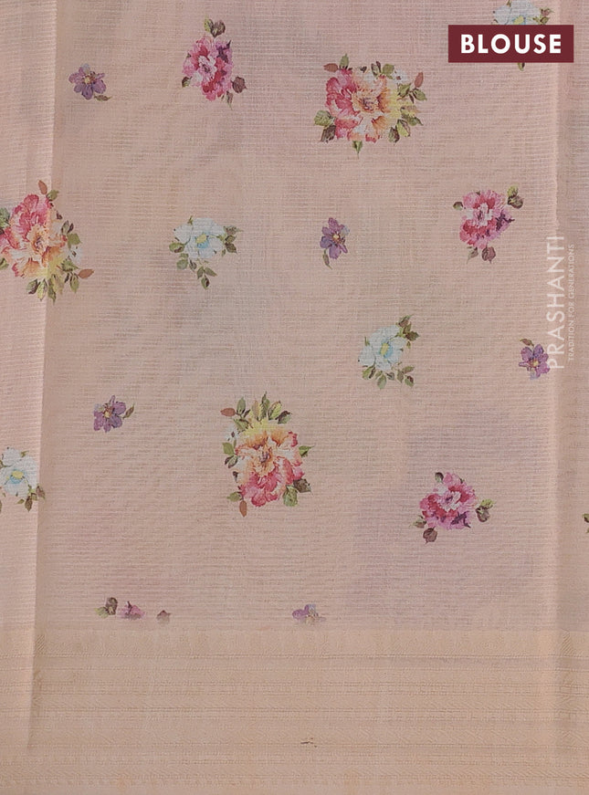 Kota silk cotton saree pale orange with floarl digital prints and thread woven border