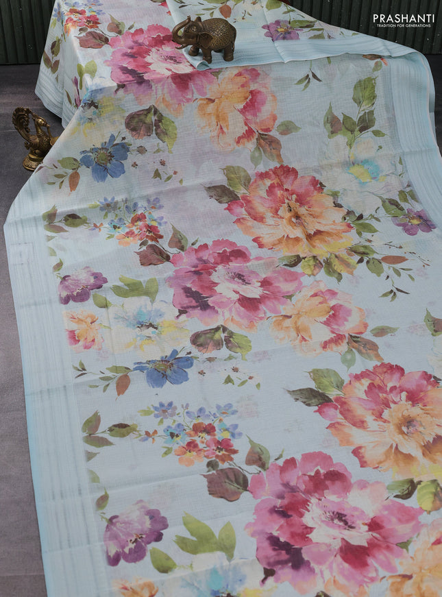 Kota silk cotton saree teal blue with floarl digital prints and thread woven border