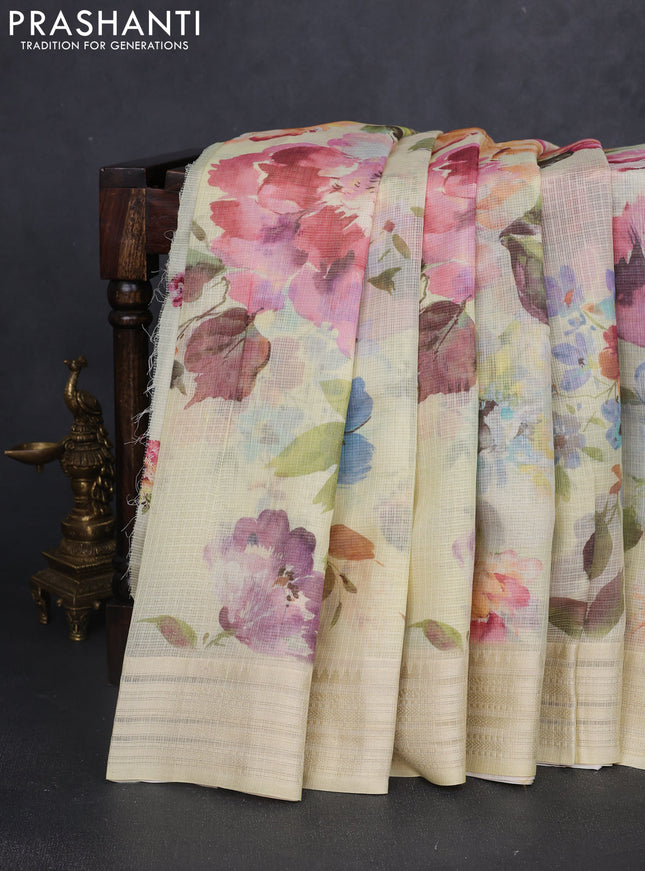 Kota silk cotton saree pale yellow with floarl digital prints and thread woven border